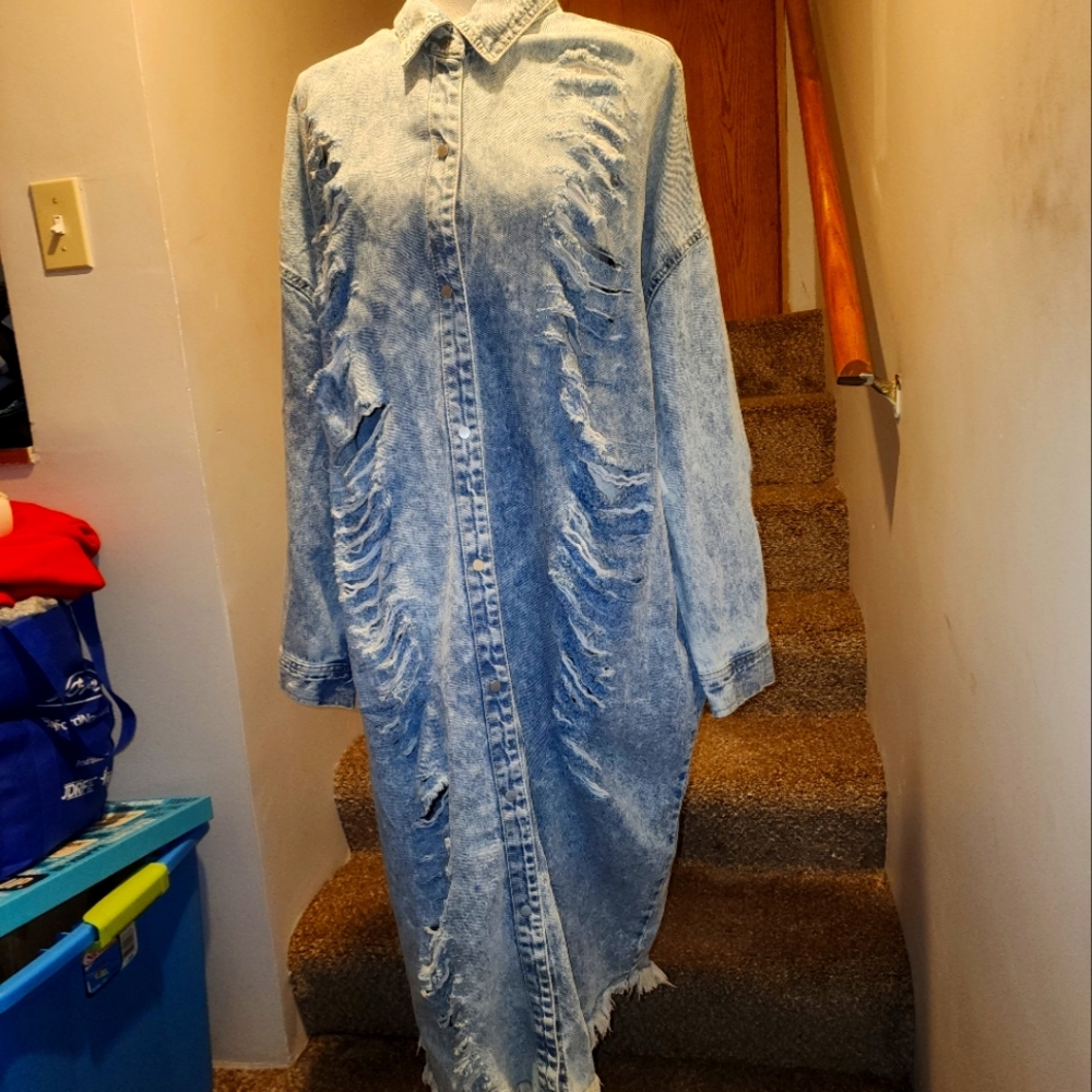 Highway Jeans Distressed Shredded Denim Longline Jacket L NWT